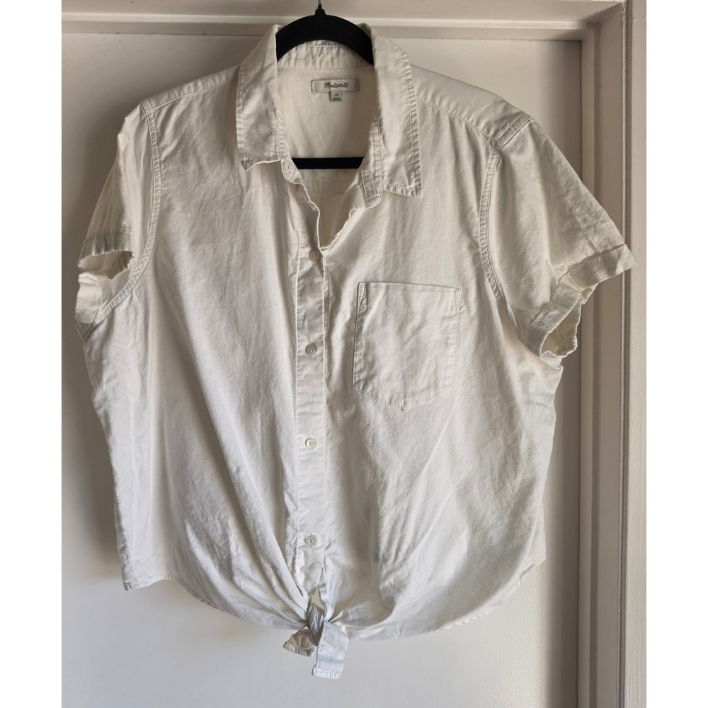 Madewell Womens 2X White Cotton Short Sleeve Tie Front Button Down Shirt